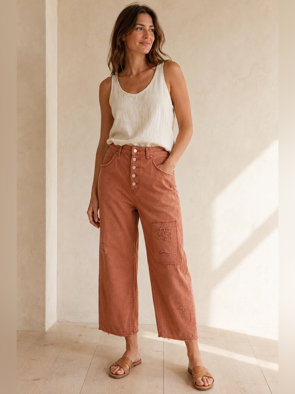 POL Patchwork Distressed Cropped Jeans Terracotta Size M